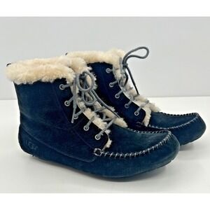 Ugg Chickaree Dark Navy Blue Shearling Lace Up Ankle Boots Boho Hippie 7